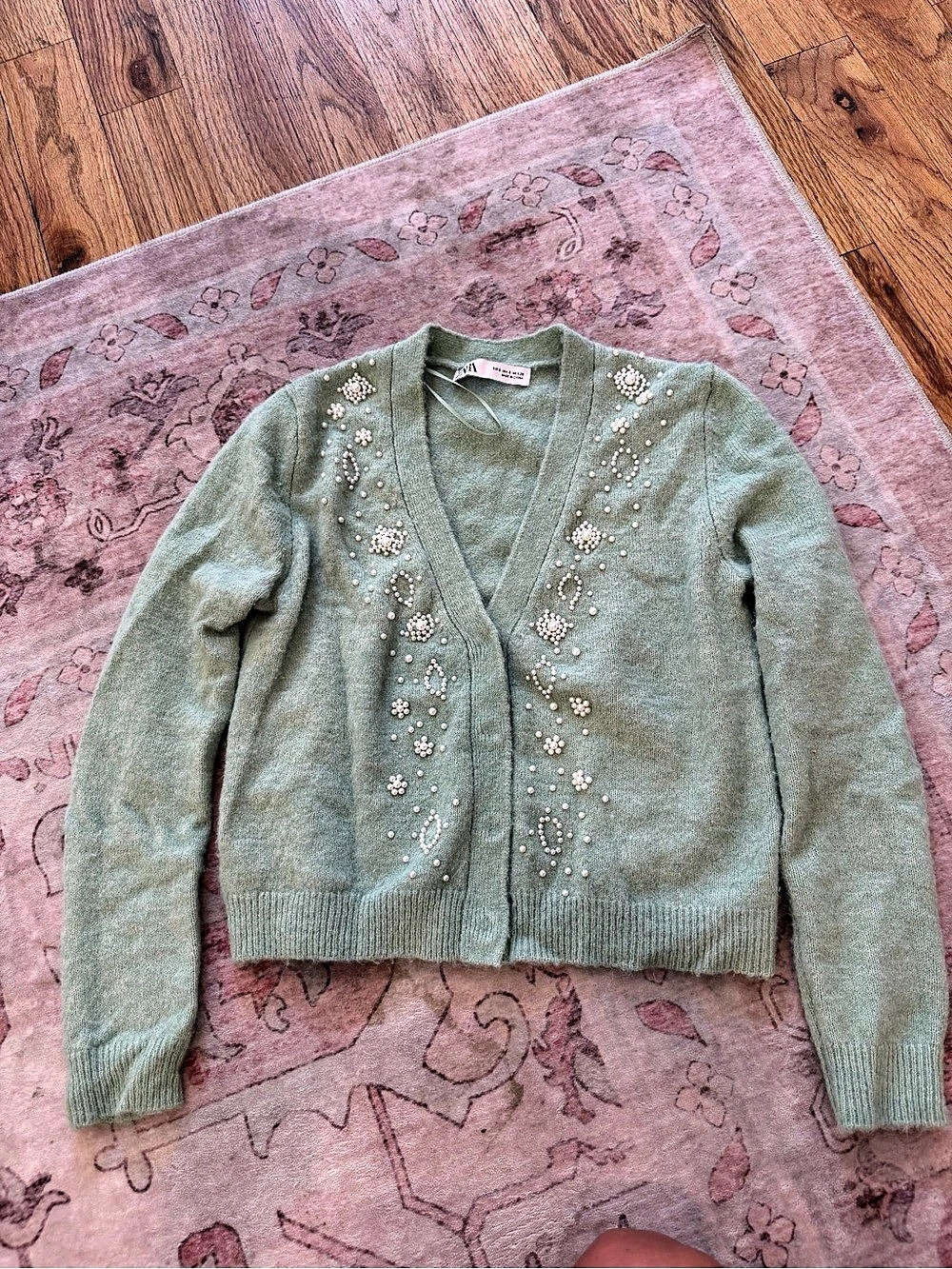 Zara Pearl Embellished Knit Cardigan Green small - Picture 1 of 4